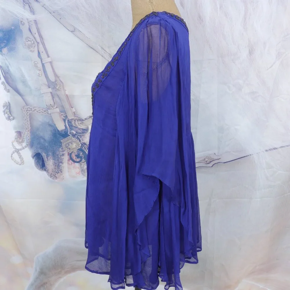 Free People Purple Beaded Detail Wide Sheer Sleeve 70's Inspired Boho S XS Top - Picture 11 of 12